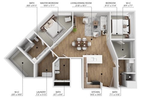 Floor plan for 2 beds, 2.5 baths, 1400 sqft